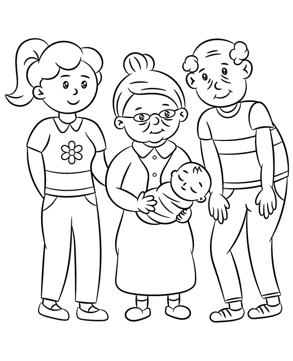 Grandparents with a newborn grandson coloring page