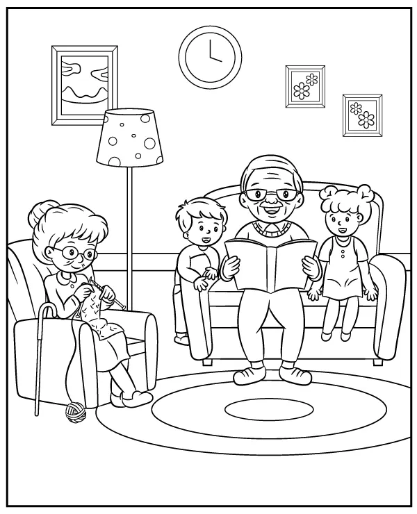 Grandparents with grandchildren in living room coloring page