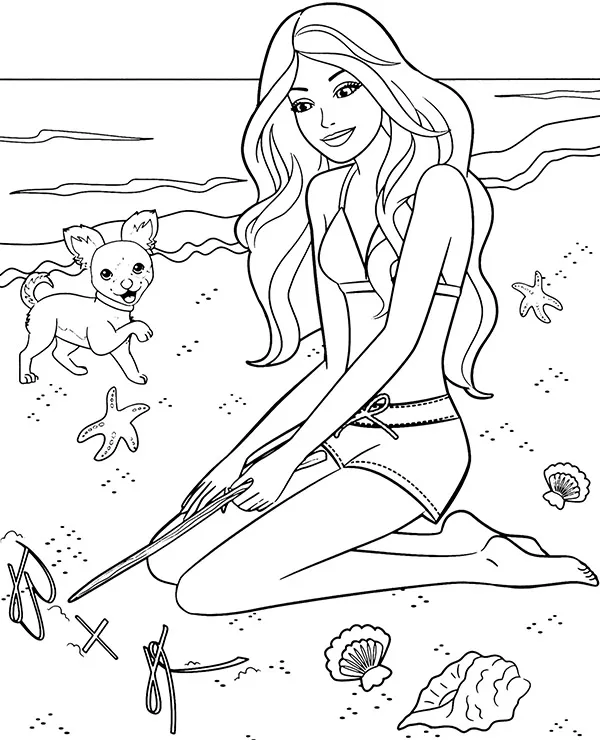 lalka barbie na plazy kolorowanka do wydruku
