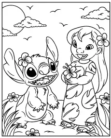 Lilo i Stitch kolorowanka razem lilo ze stitchem kwiaty